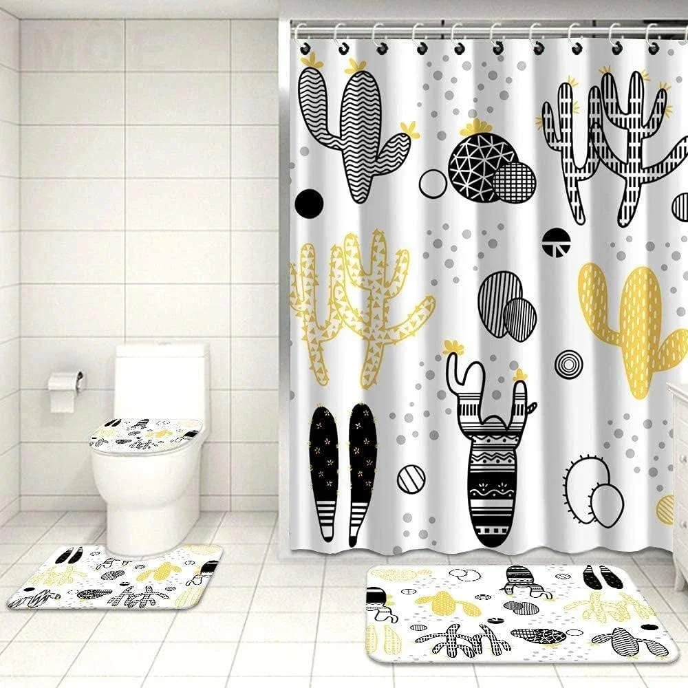 4 Pcs Cactus Bathroom Sets Black & Yellow Shower Curtain, Mat, Toilet Cover, Mat